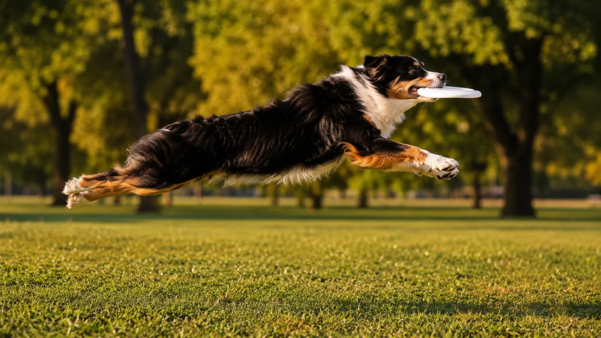 Australian Shepherd catching a frisbee mid-air outdoors