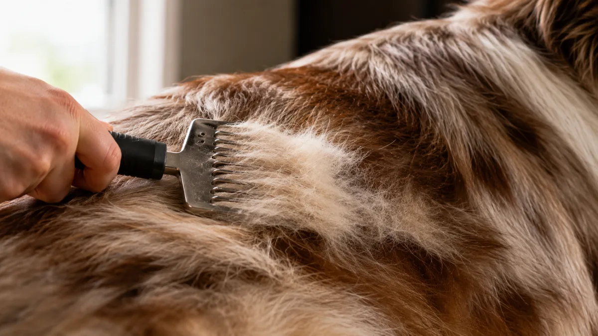 Australian Shepherd double coat being brushed with an undercoat rake