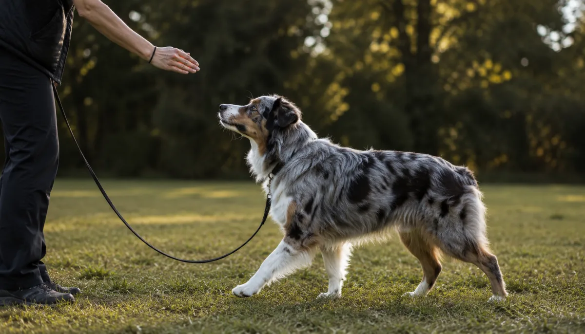 Australian Shepherd practicing obedience on a grassy field