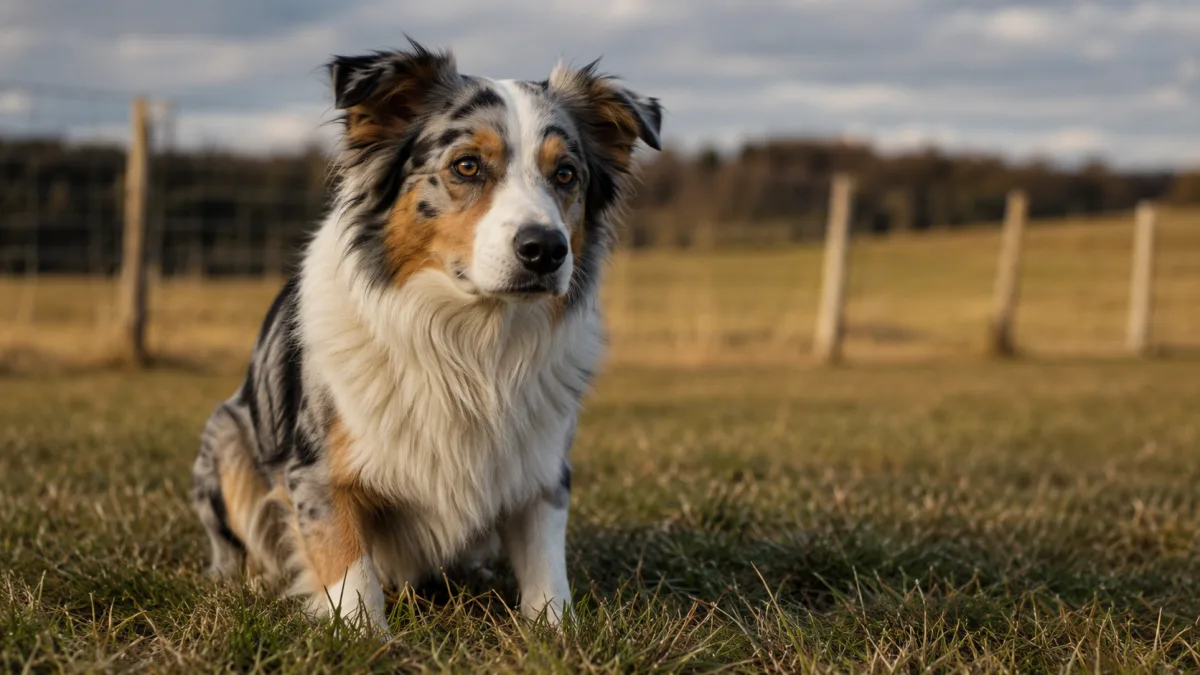 Australian Shepherd focused on a trainer during a clicker training session outdoors