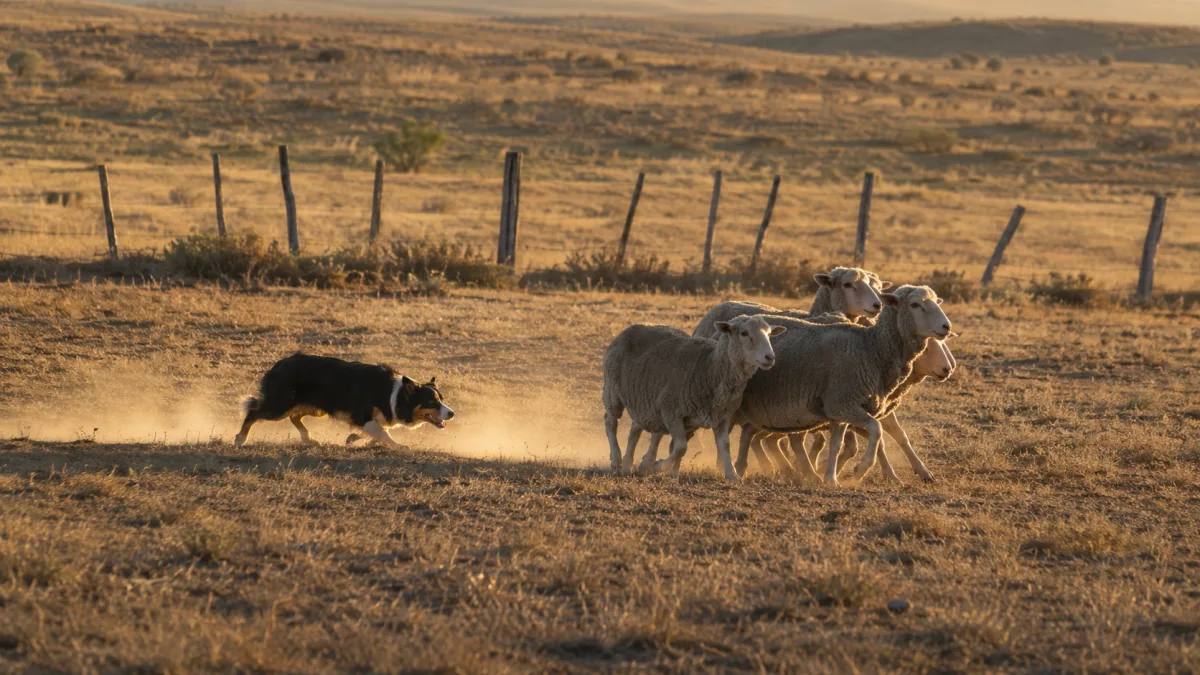 Australian Shepherd herding sheep on an open ranch at golden hour