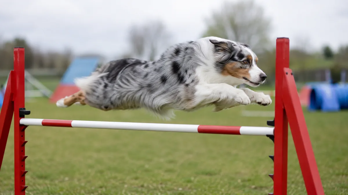Australian Shepherd mid-leap clearing an agility jump in a competition field