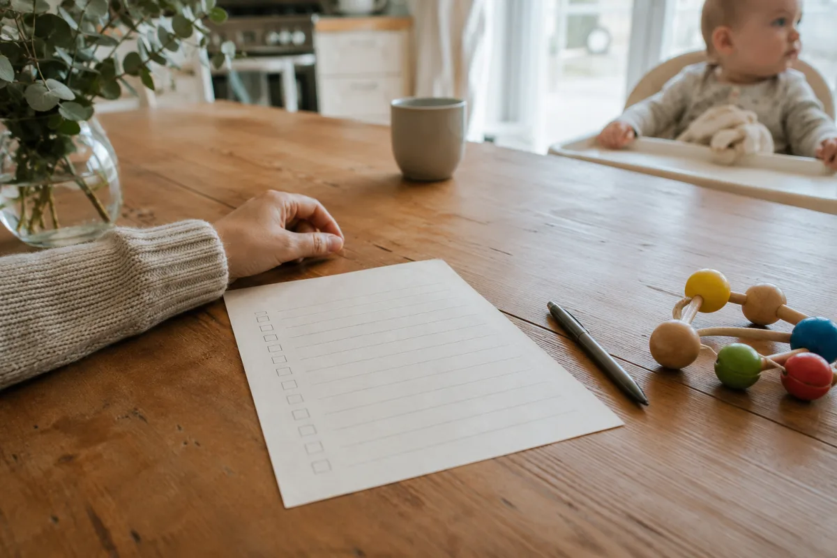 Parent reviewing baby milestone notes calmly