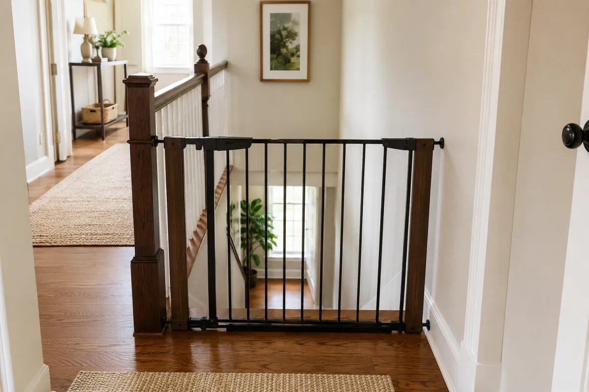 Hardware-mounted baby gate at top of stairs