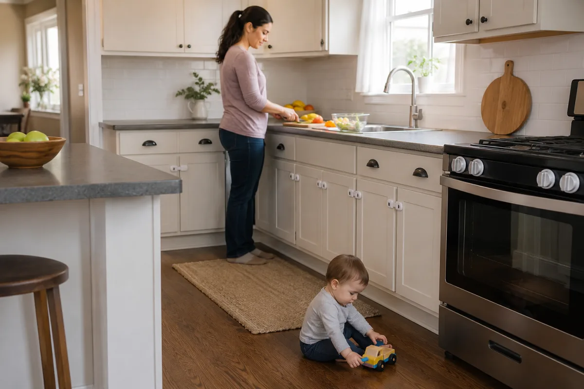 Childproofed kitchen cabinets and stove area