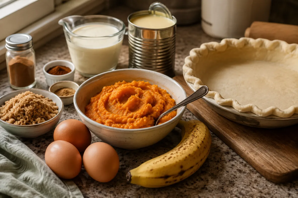 Banana pumpkin pie ingredients on a kitchen counter