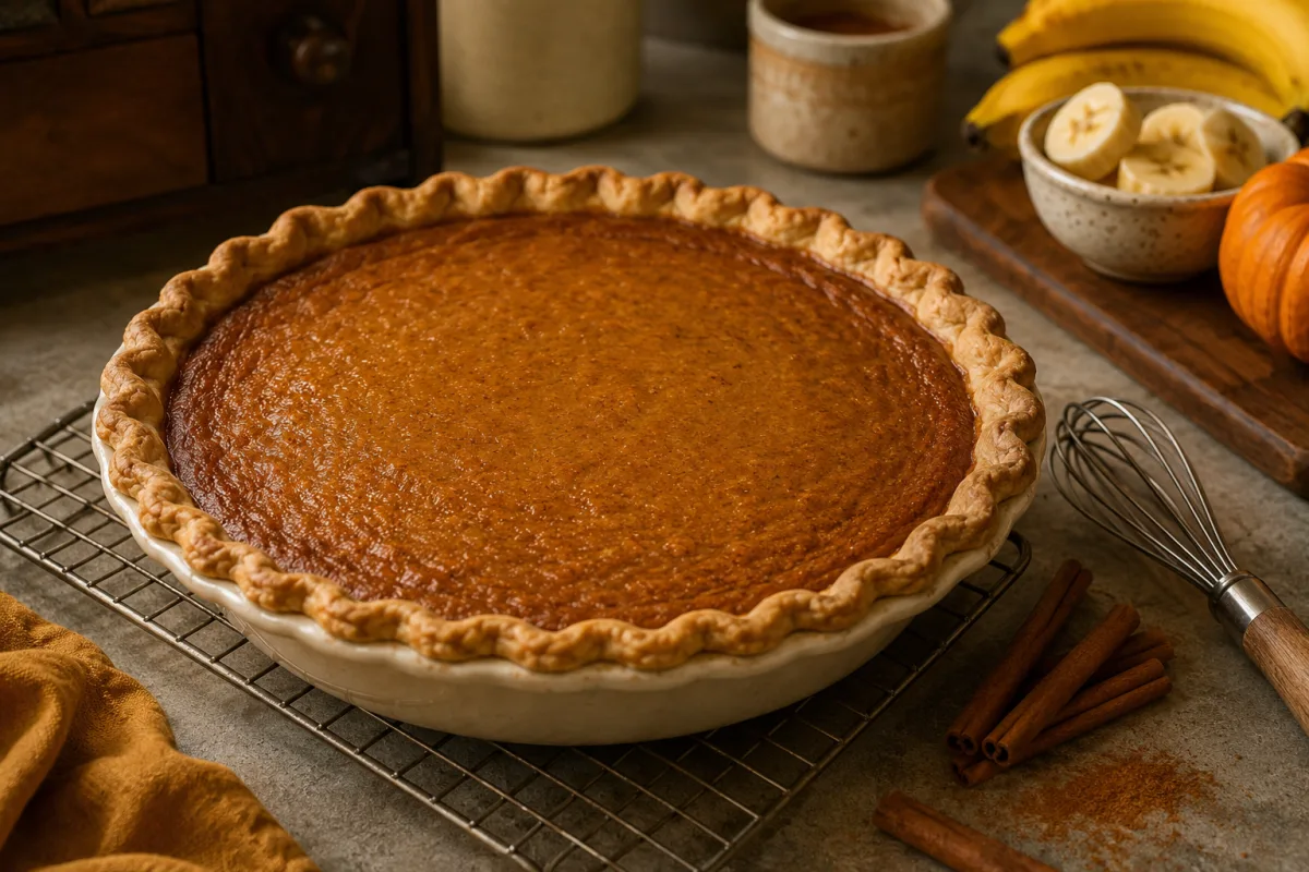 Banana pumpkin pie baking with gently set custard
