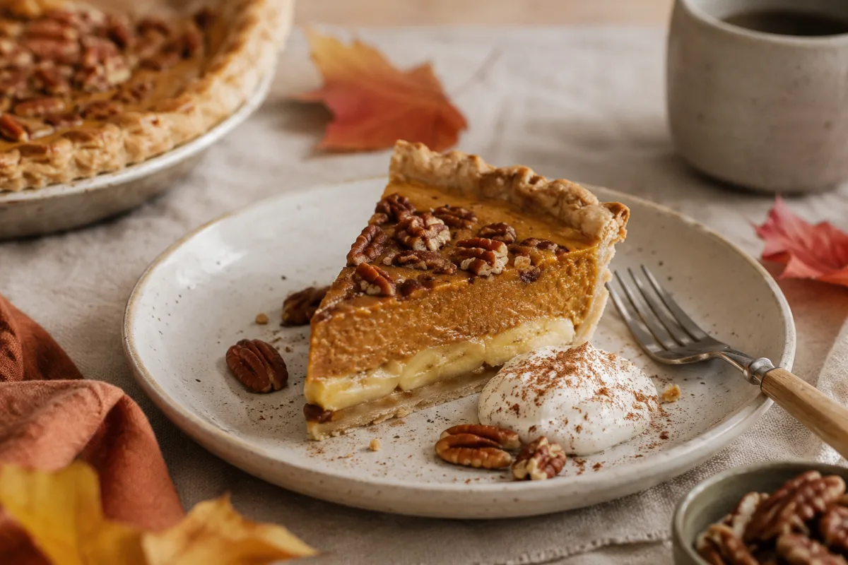 Slice of banana pumpkin pie with whipped cream