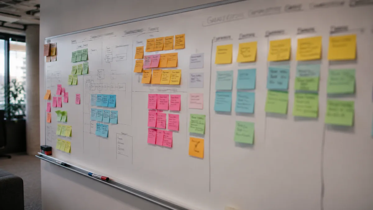 Problem solving whiteboard with blurred notes