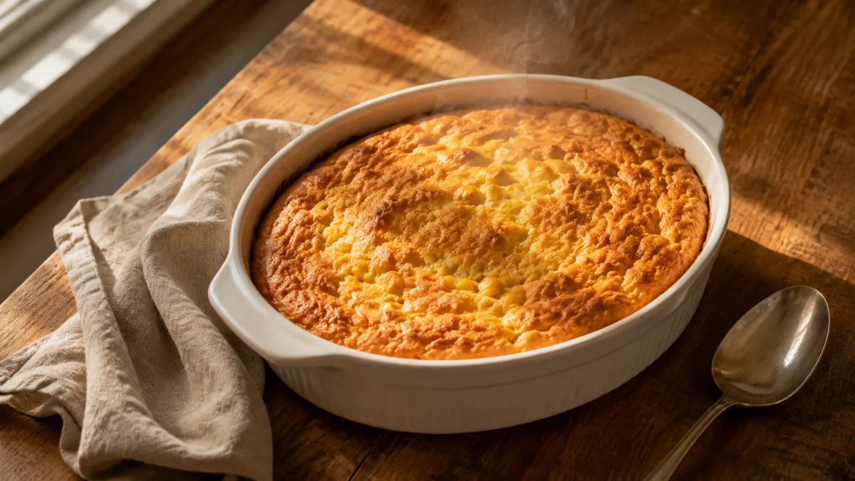 Golden Jiffy corn soufflé in a white casserole dish fresh from the oven