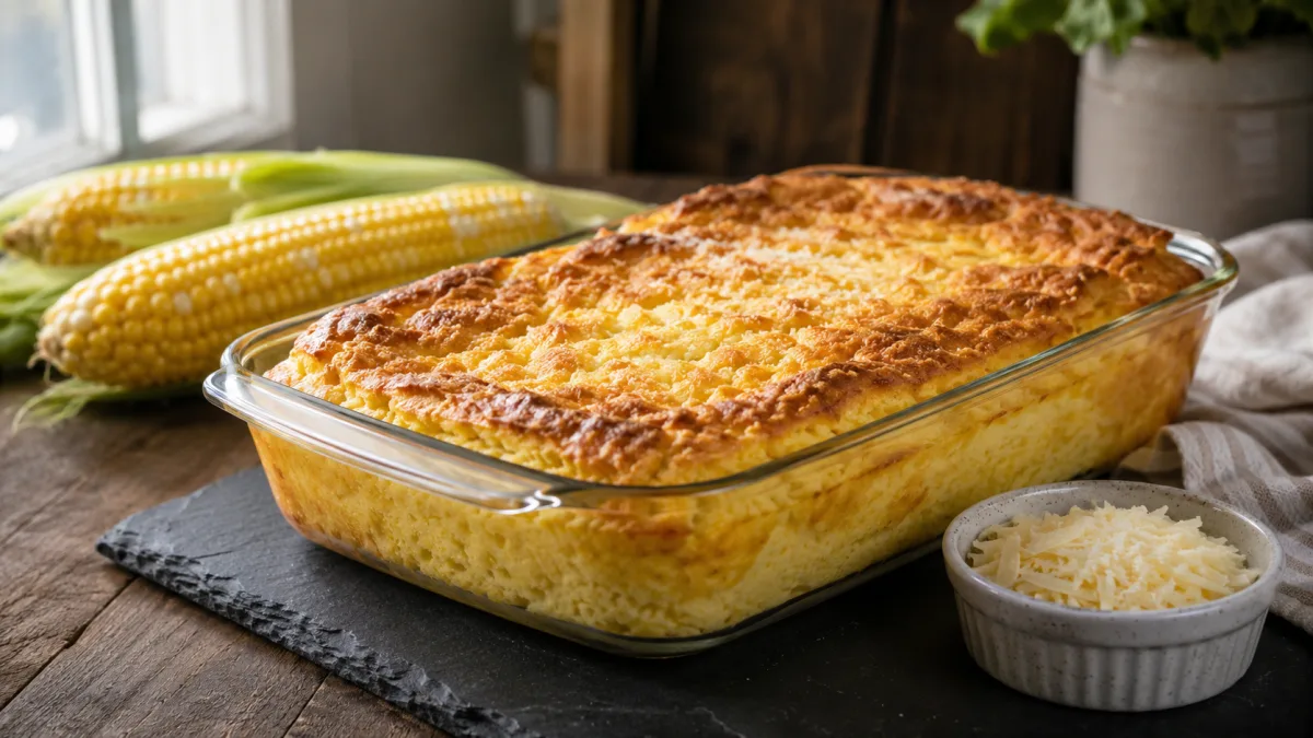 From-scratch corn soufflé with Gruyère and Parmesan in a glass baking dish