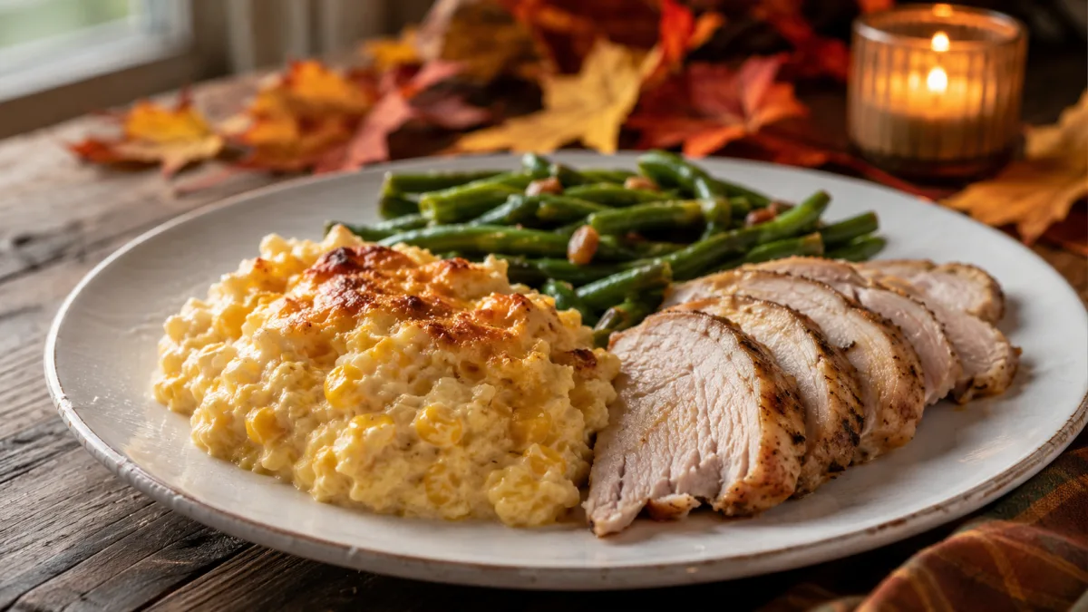Thanksgiving plate with corn soufflé, roast turkey, and green beans