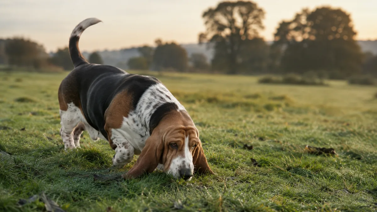 Basset Hound following a scent trail through a grassy field during a tracking event
