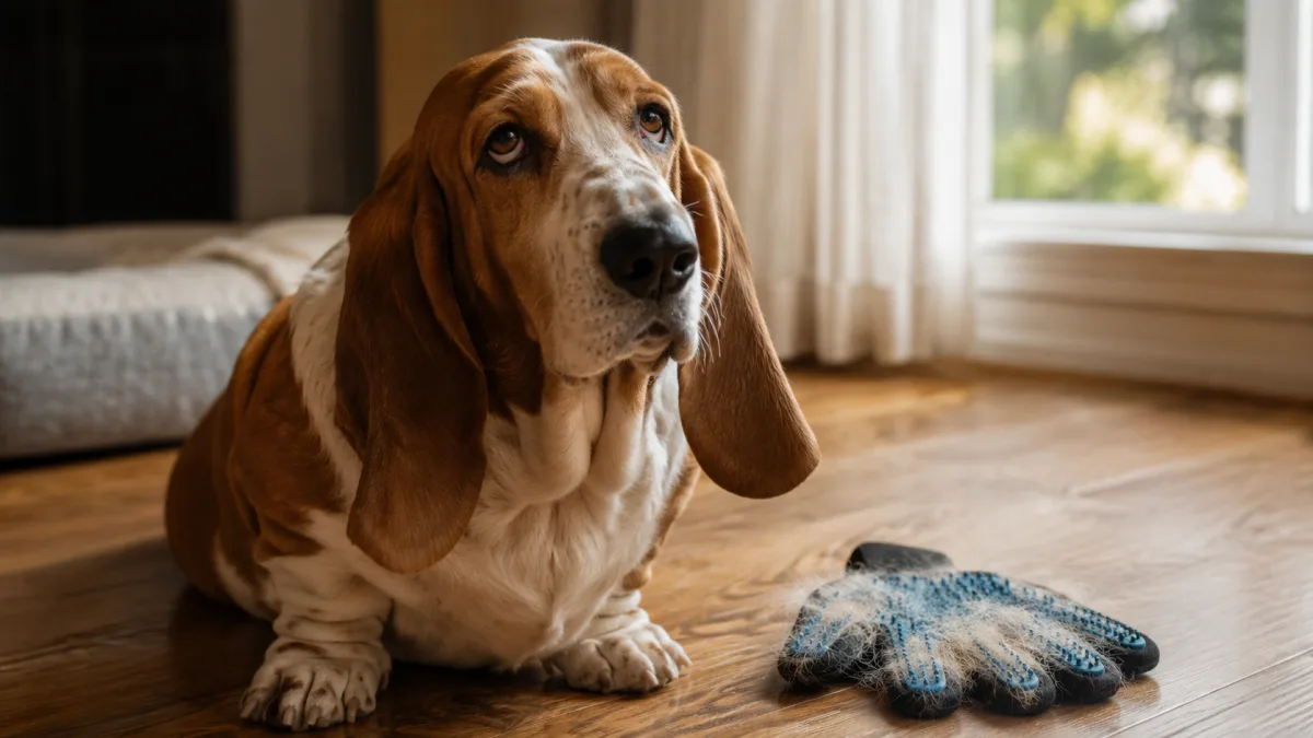Basset Hound being groomed with a rubber grooming glove on a wooden floor