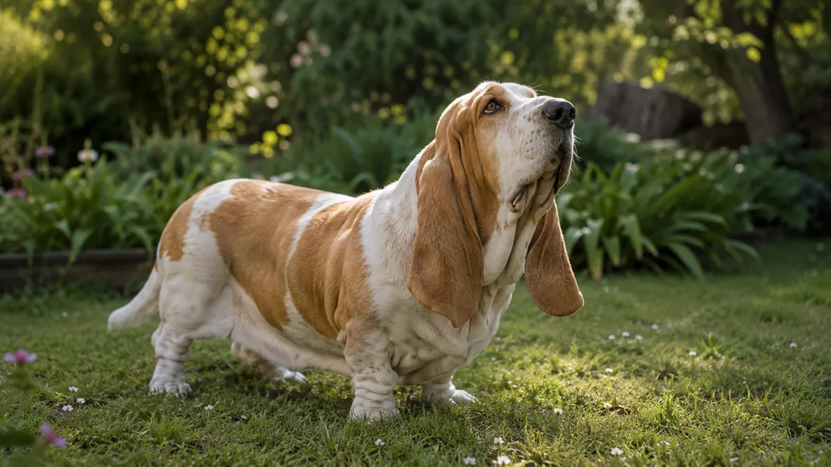 Basset Hound alert and attentive in a garden, nose raised, ears forward
