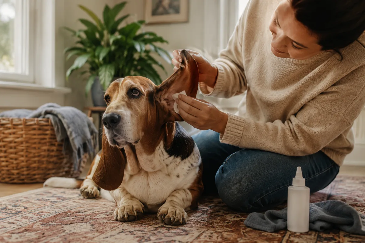 Basset Hound having ears checked gently