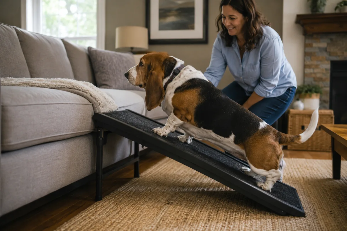 Basset Hound using a low ramp at home
