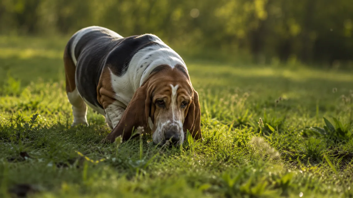 Basset Hound sniffing the ground in a field, long ears dragging along the grass
