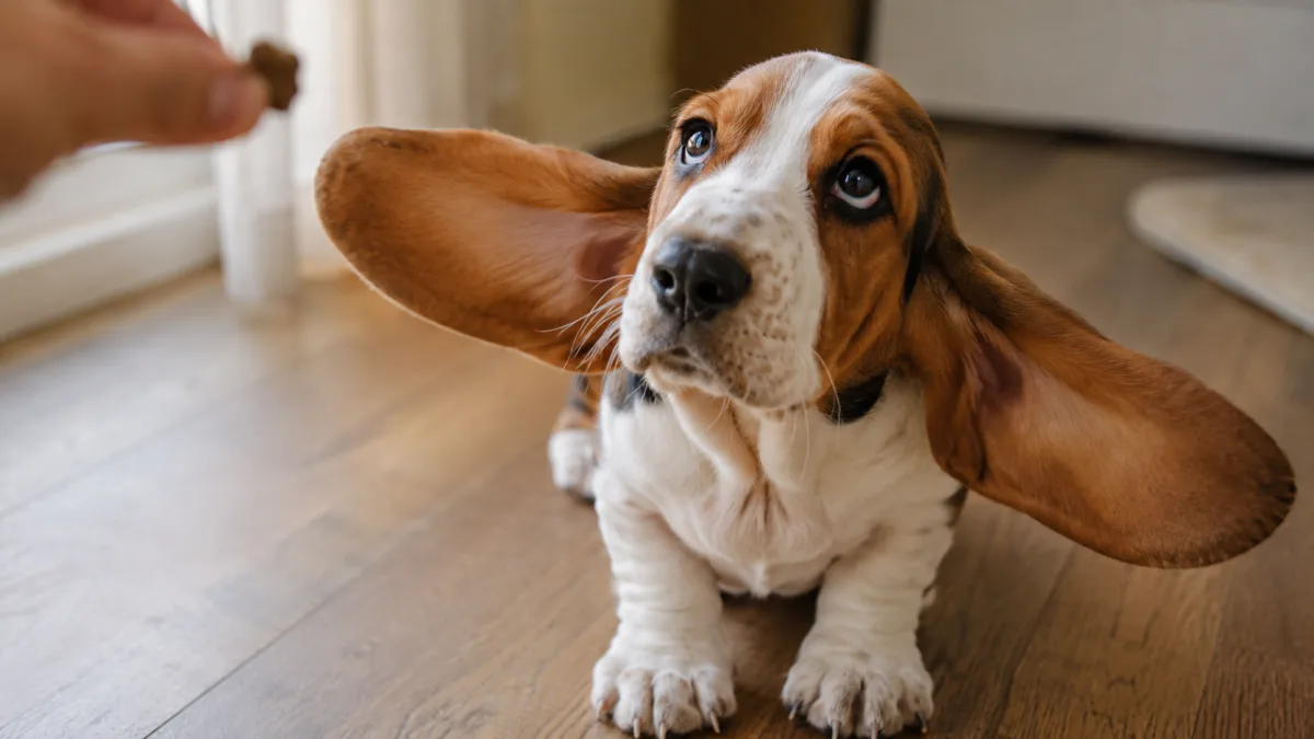 Basset Hound puppy attentively looking up during a training session