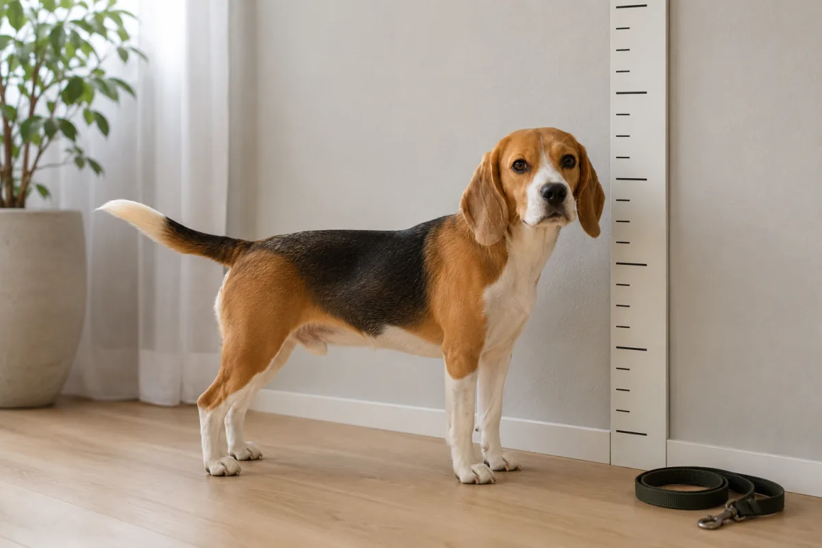 Adult Beagle standing beside measuring wall