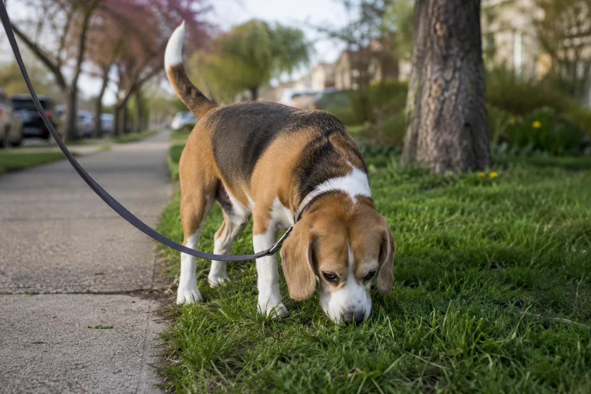 Beagle sniffing on a leash walk