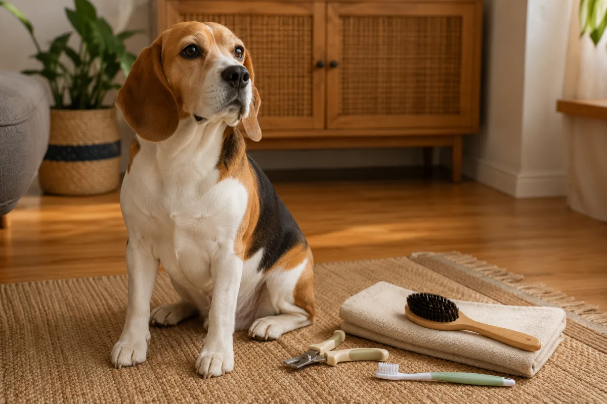 Beagle ear check and grooming supplies