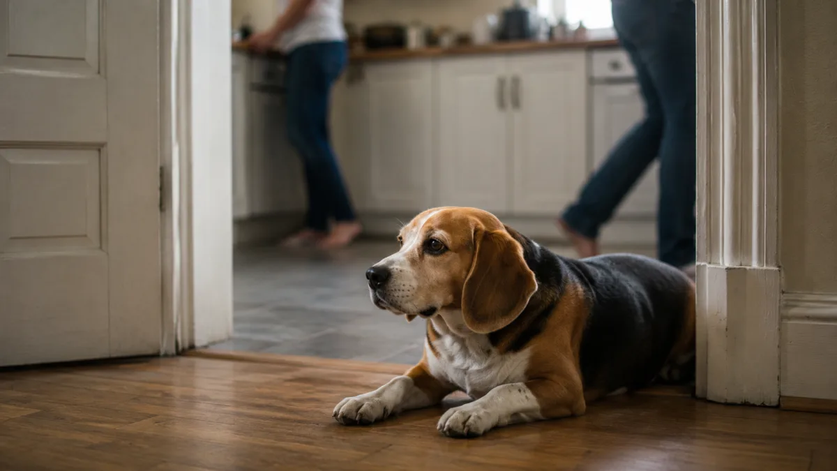 Beagle calmly watching family activity