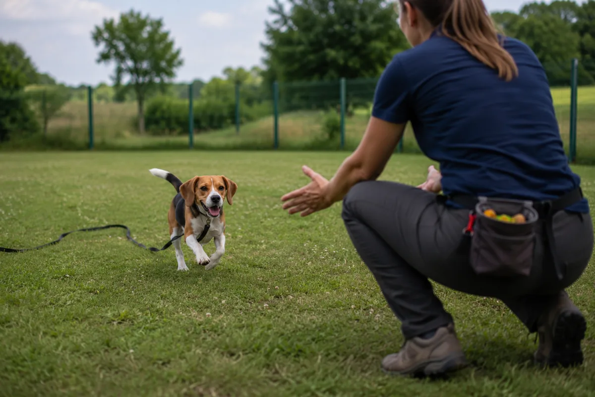 Beagle practicing recall on a long line in a field