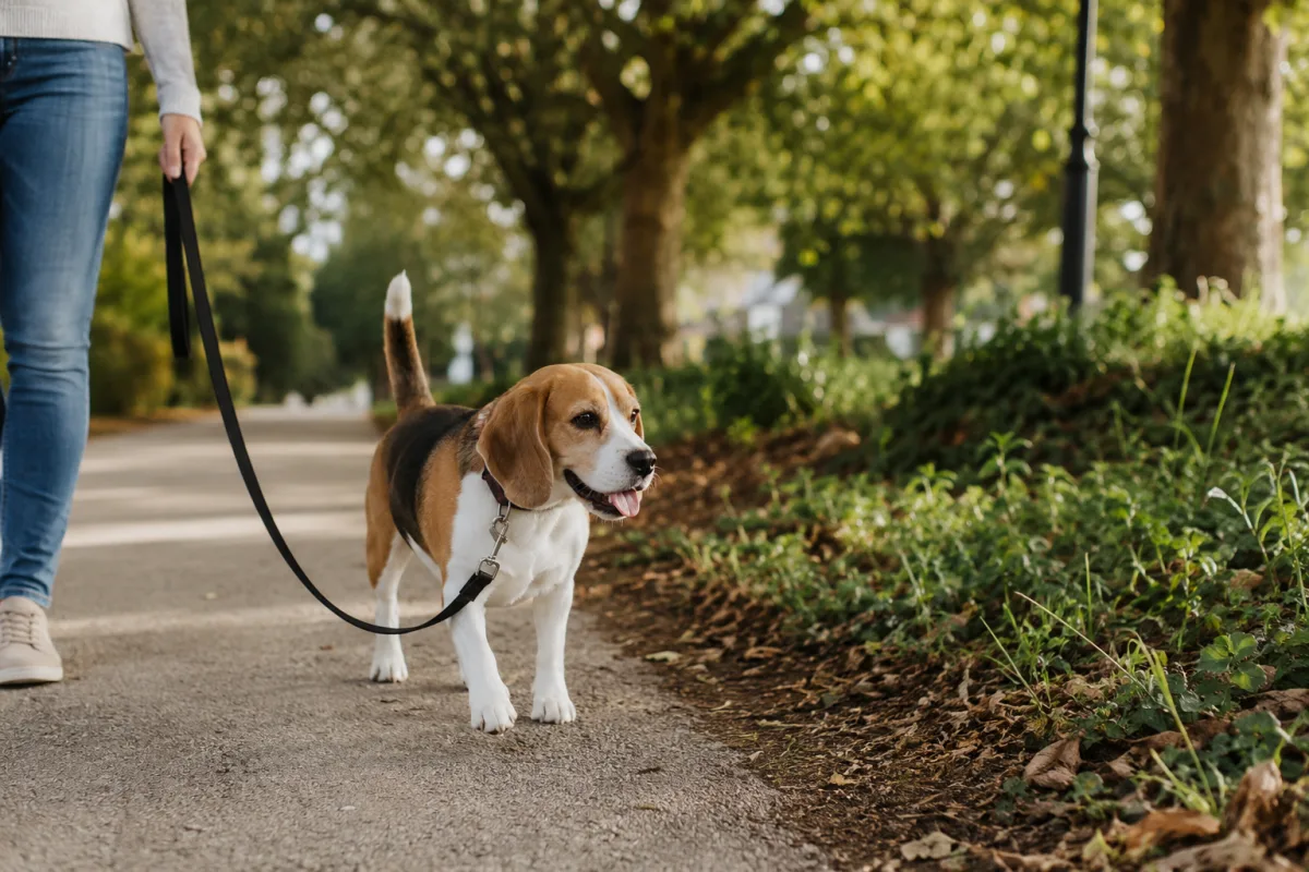 Beagle practicing loose leash walking near a scent trail
