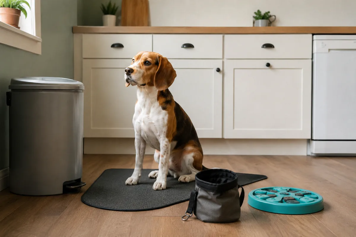 Beagle training setup for leave it around kitchen food