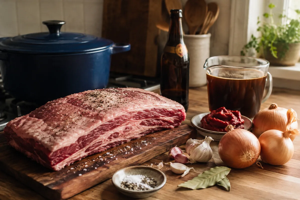 Beer braised brisket ingredients on a kitchen counter