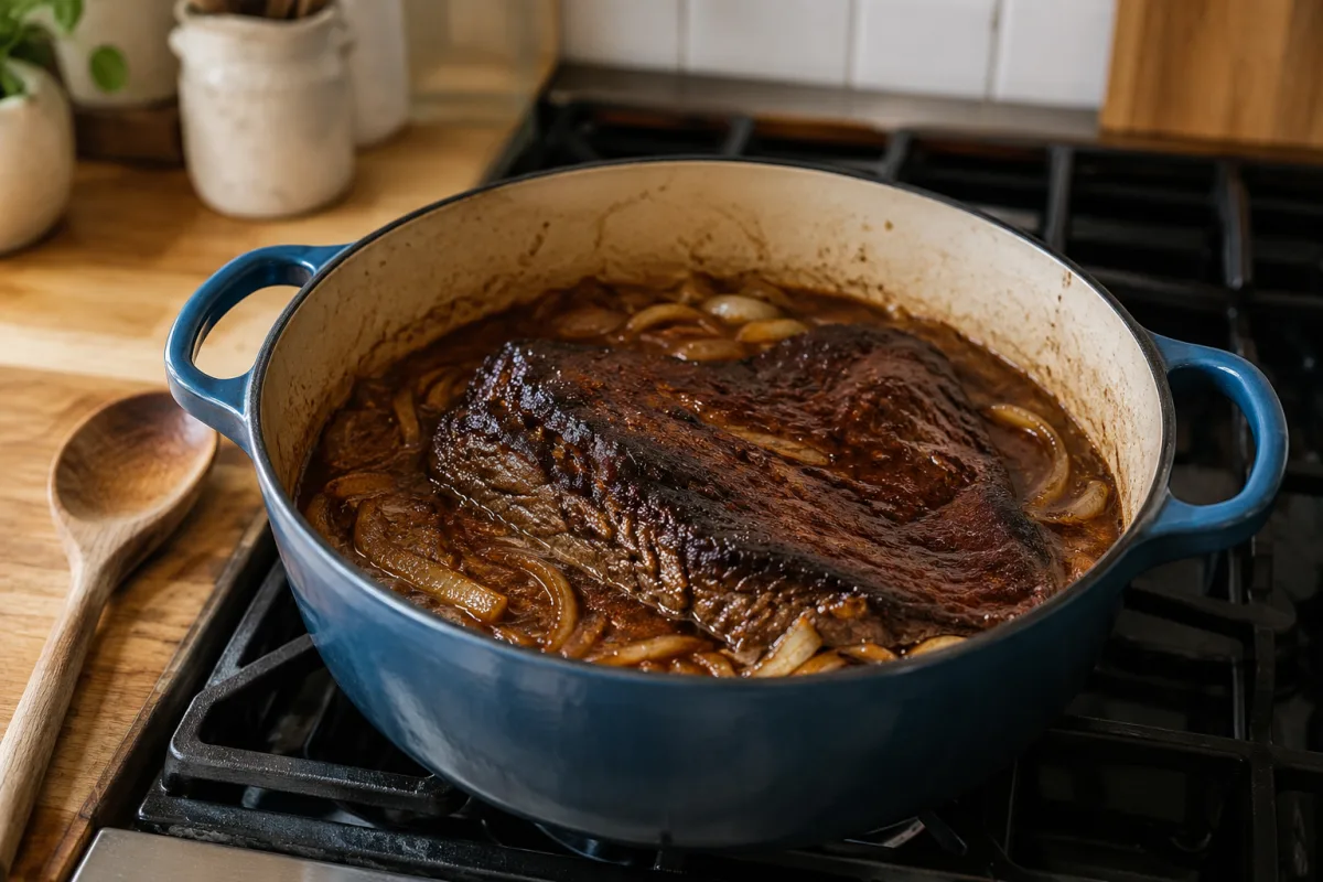 Brisket braising in beer with onions