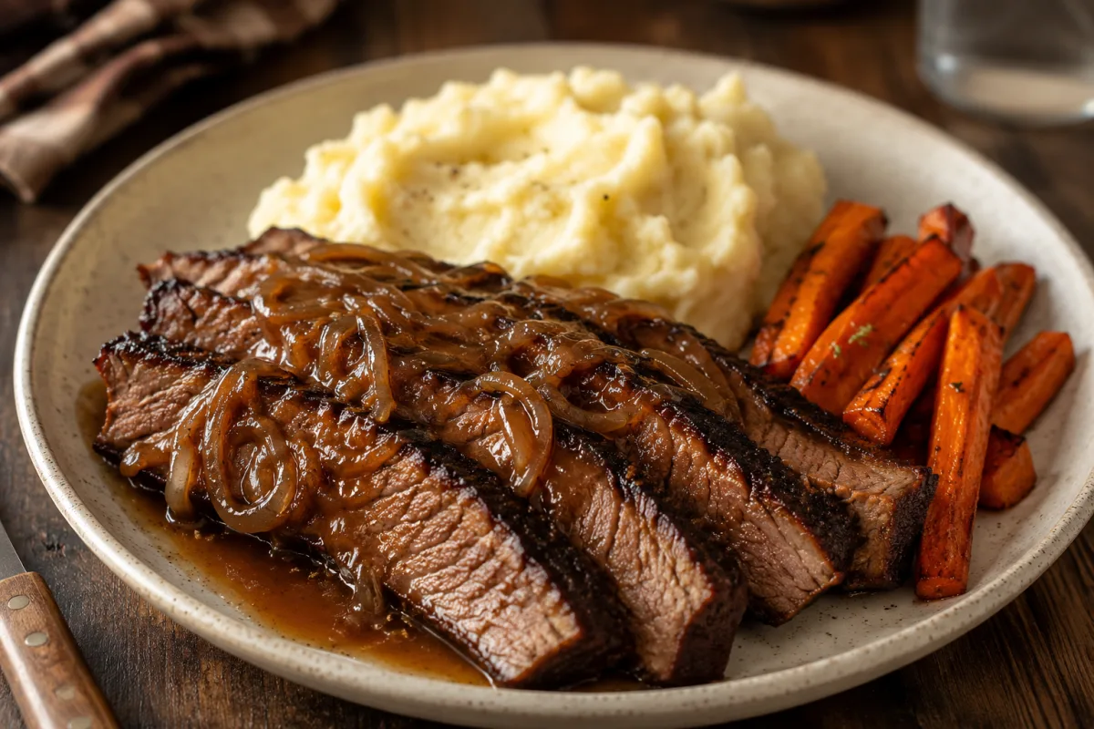 Sliced beer braised brisket served with potatoes