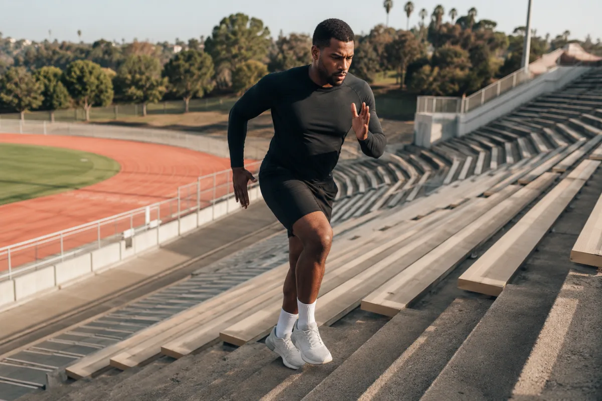 Runner climbing stadium bleachers during workout