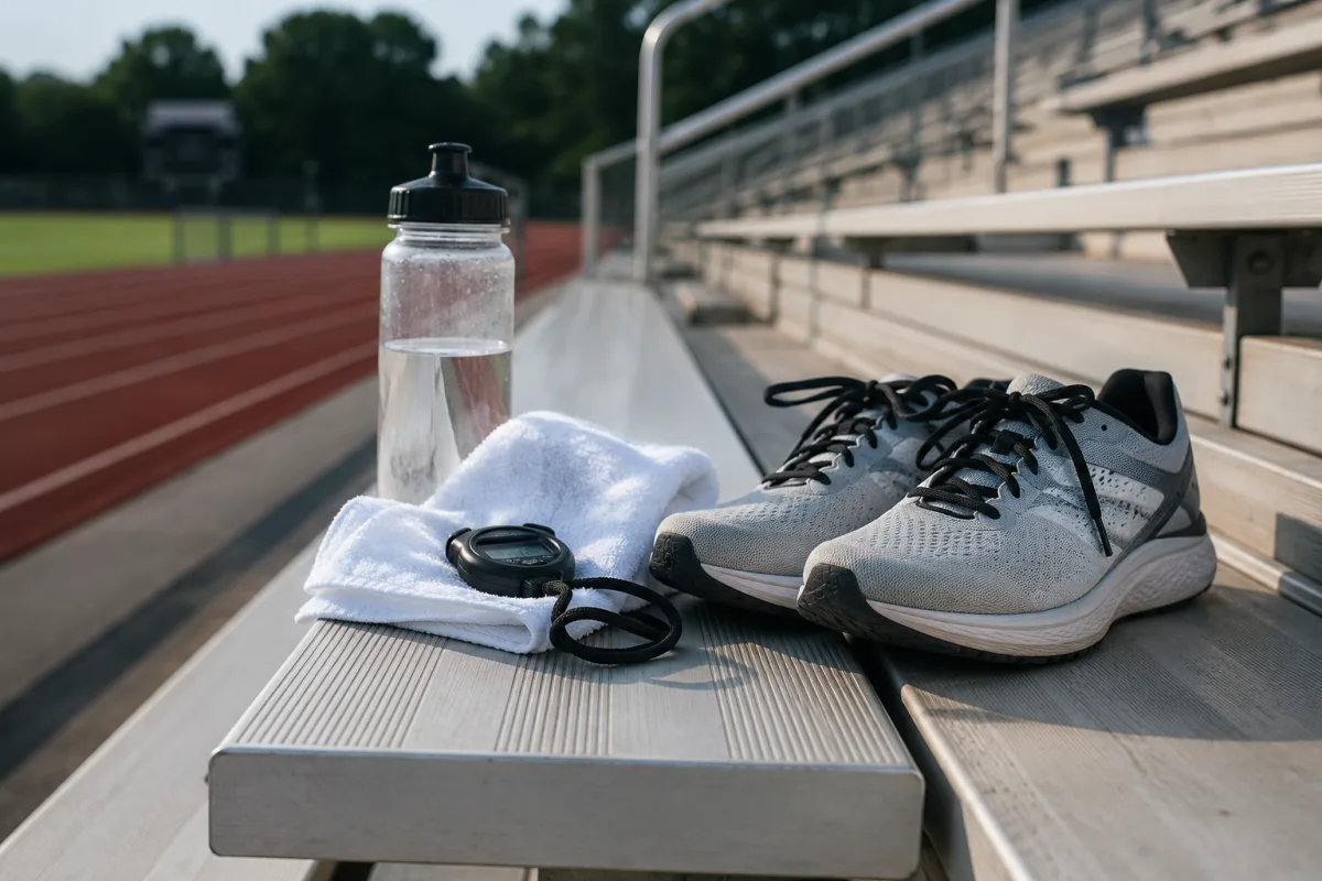 Stopwatch and water bottle on stadium bleachers
