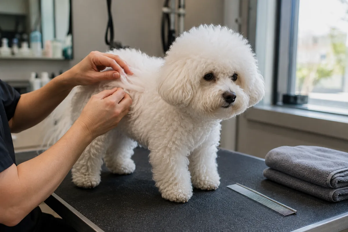 Bichon Frise coat being gently parted during grooming