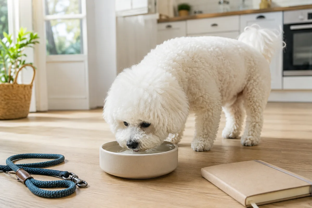 Bichon Frise drinking water beside a clean dog care setup