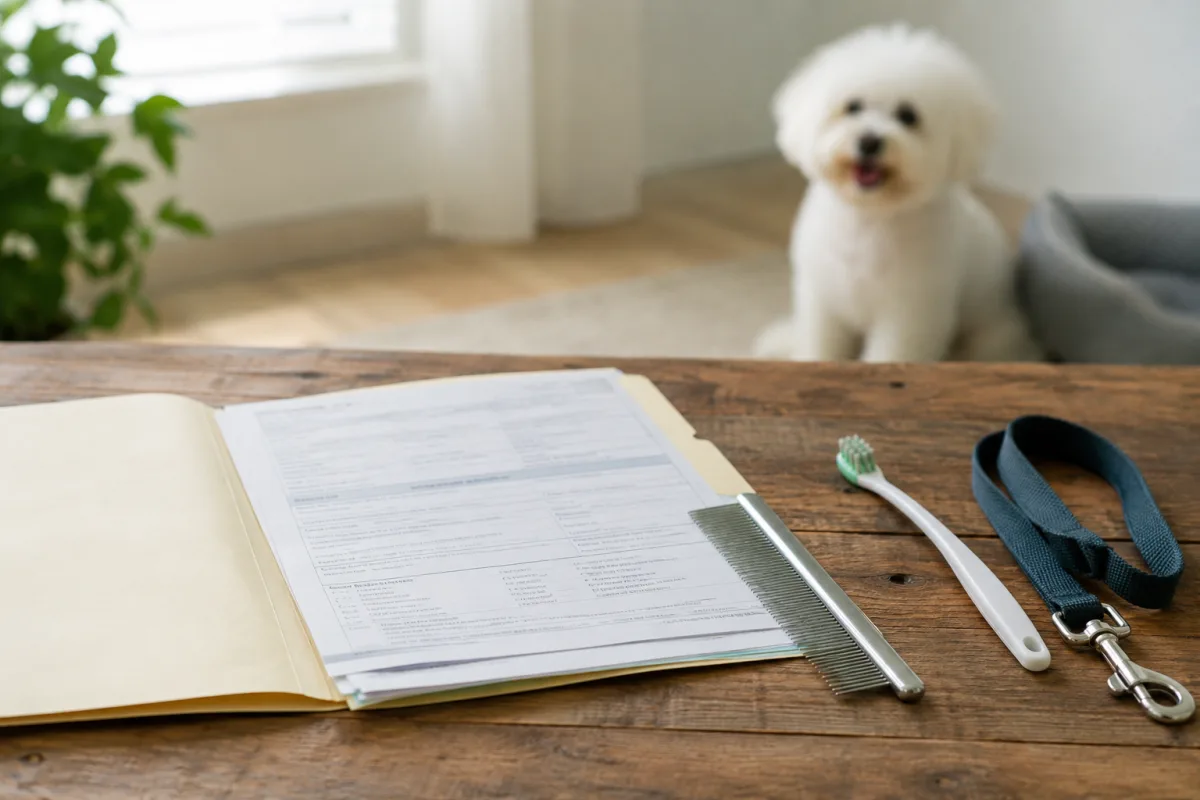 Bichon Frise health records and grooming comb on a table