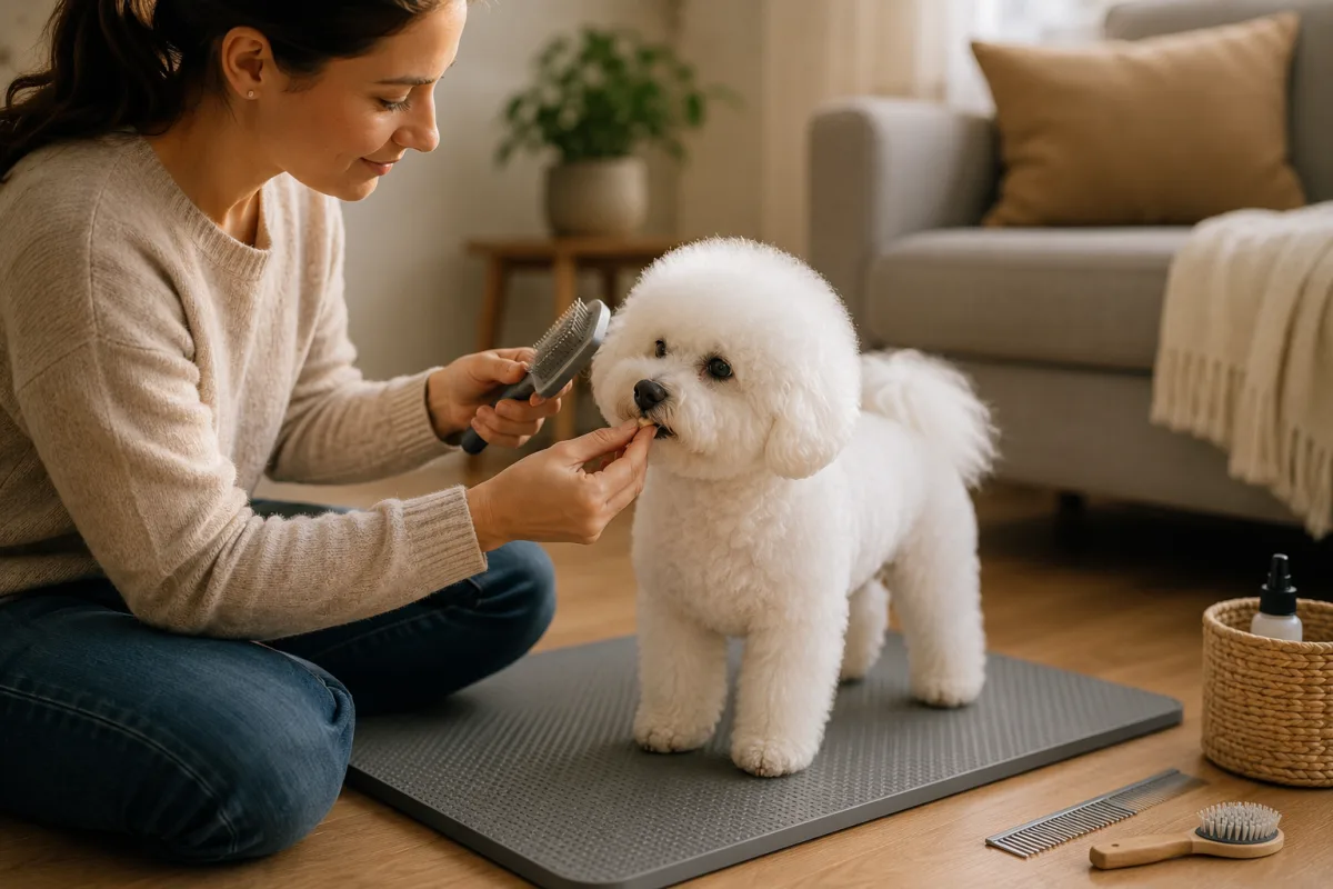 Bichon Frise practicing calm brushing