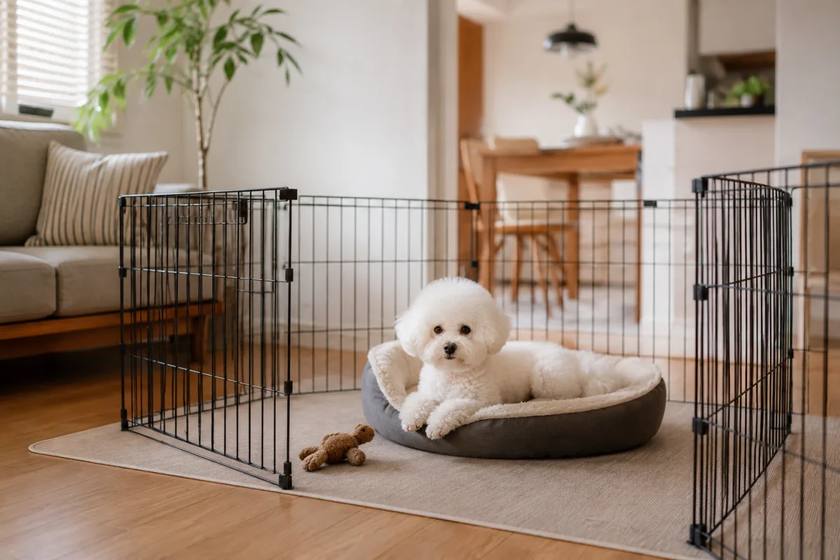 Bichon Frise resting calmly in a safe home space