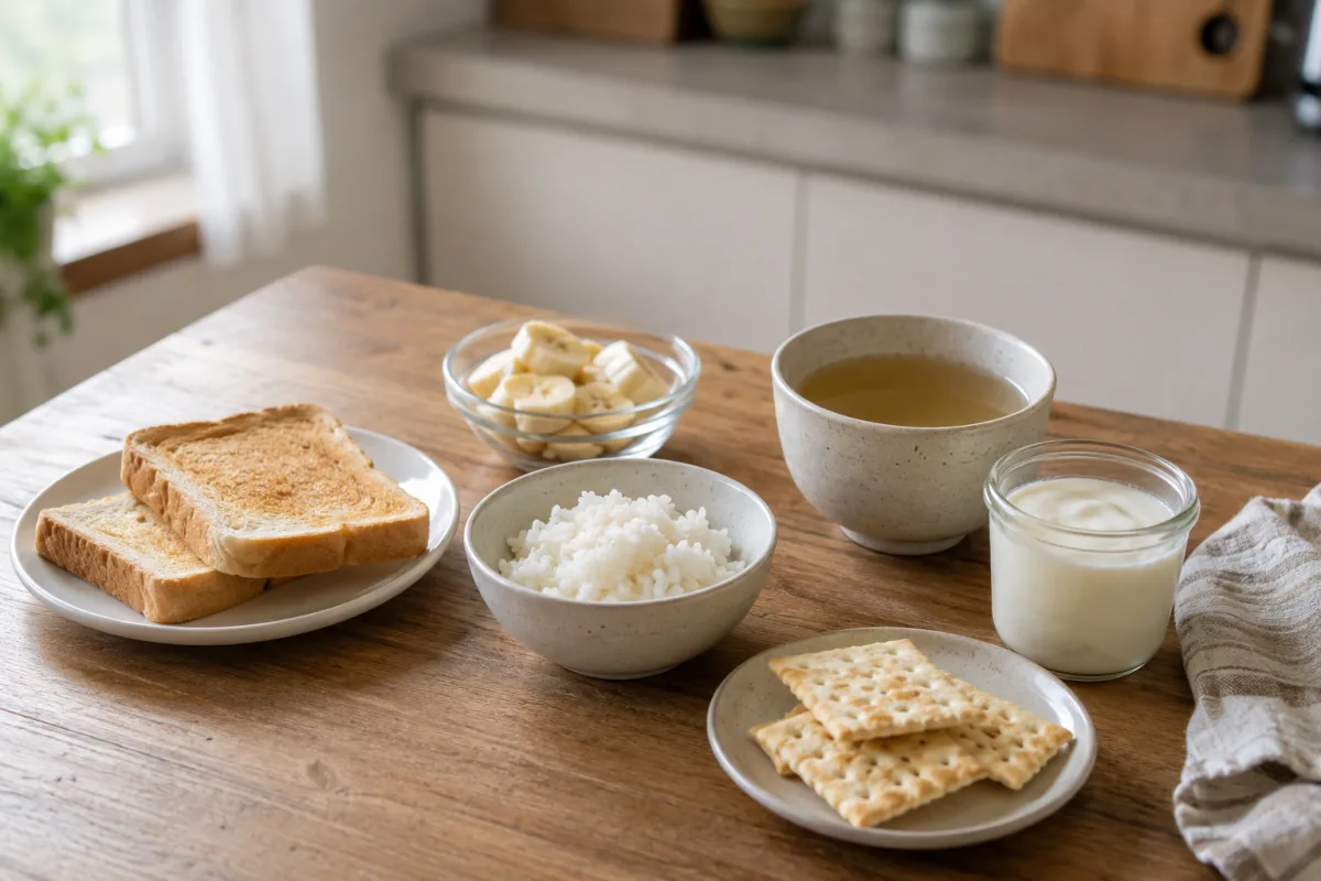 Bland pregnancy nausea foods arranged on a kitchen table