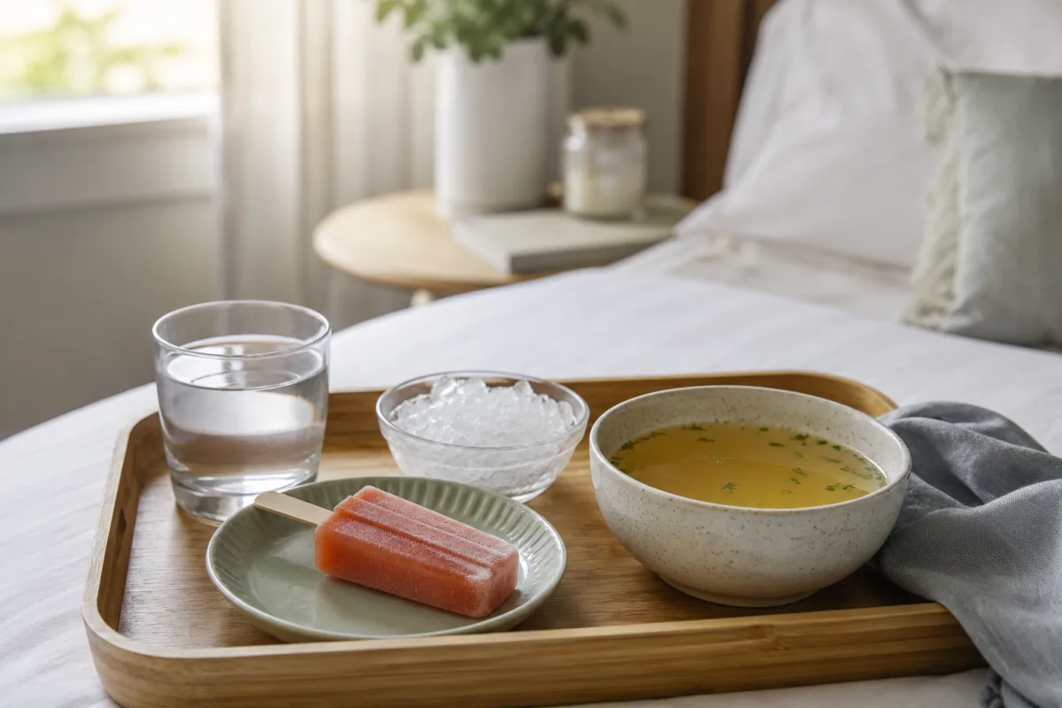 Water, ice chips, broth, and popsicles for pregnancy nausea hydration