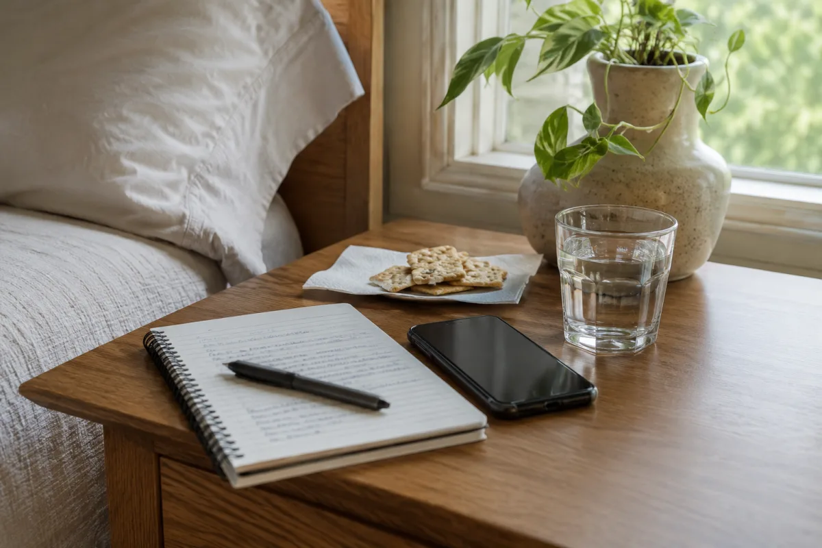 Pregnancy symptom notes beside a phone and bland snack