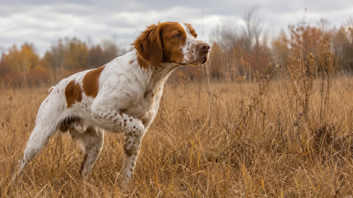 Brittany dog on point in autumn field