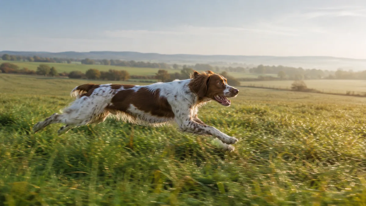 Brittany Spaniel running at full speed through open countryside