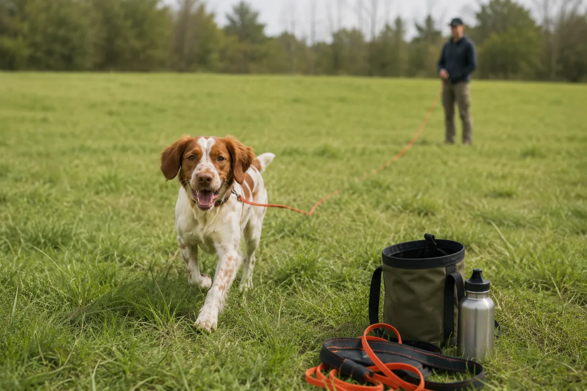 Brittany dog training outdoors in a field