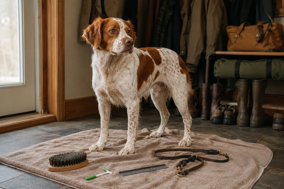 Brittany grooming check after an outdoor walk