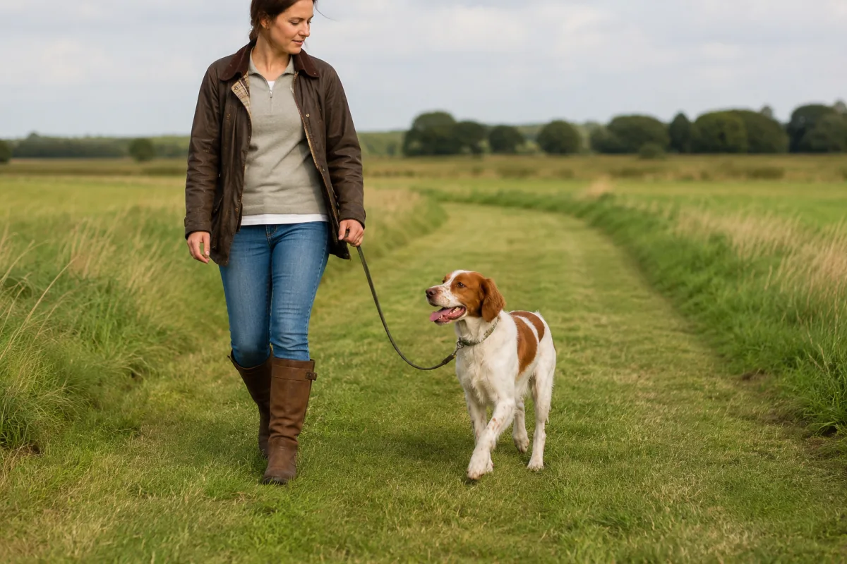 Brittany dog running on a safe field trail