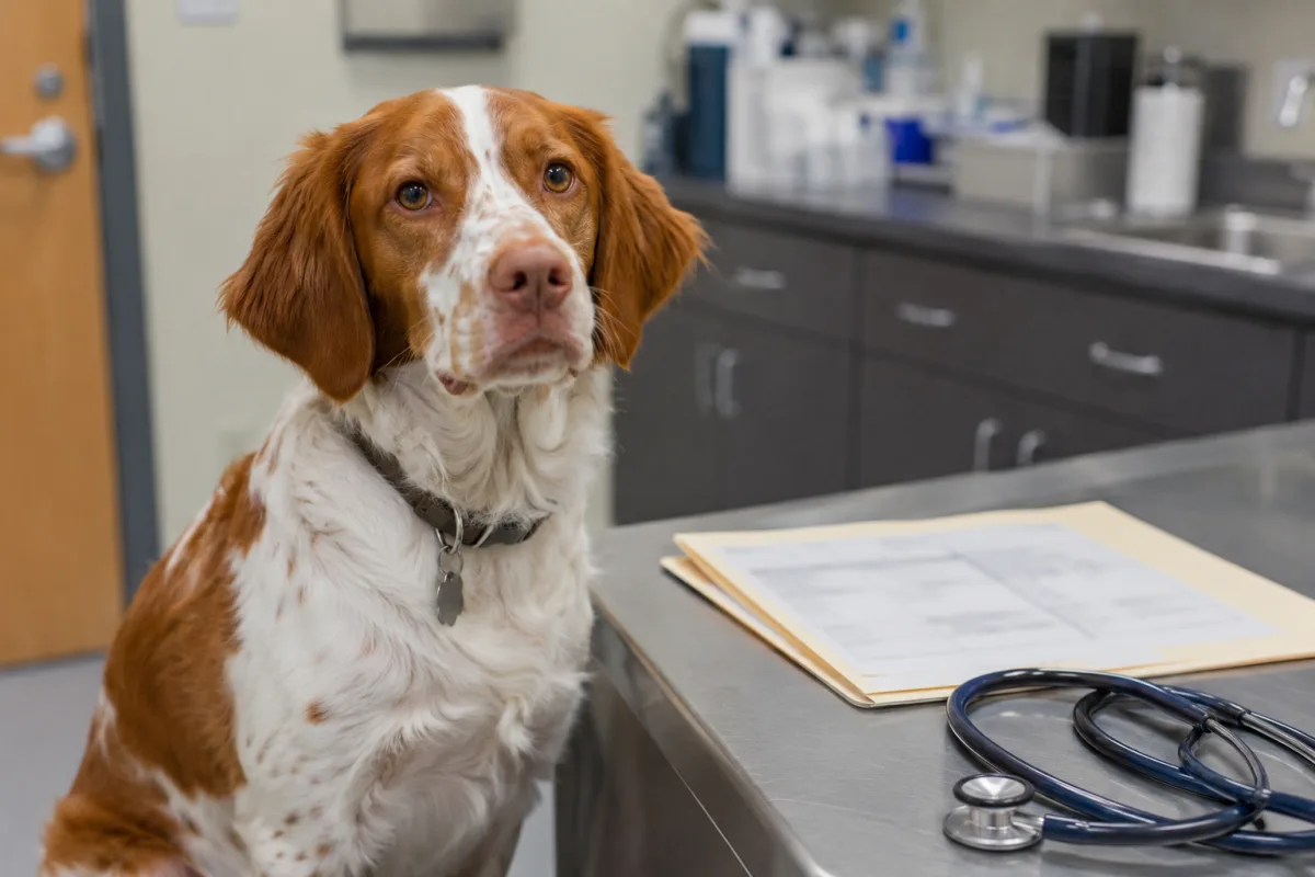Brittany health records beside veterinary stethoscope