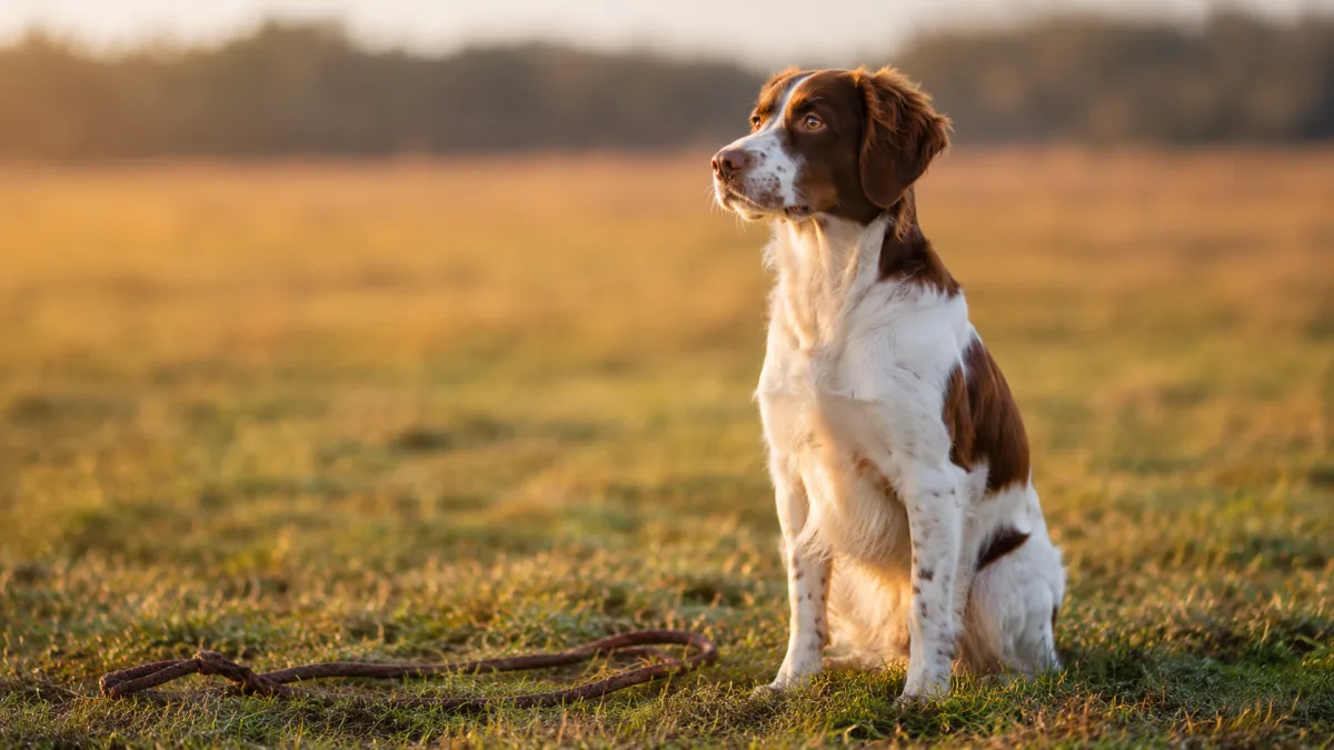 Brittany Spaniel dog sitting attentively during an outdoor training session